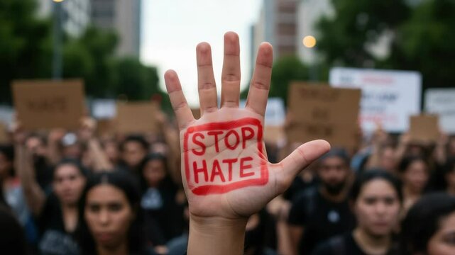 Demonstration against hate with people raising their hands with stop hate message