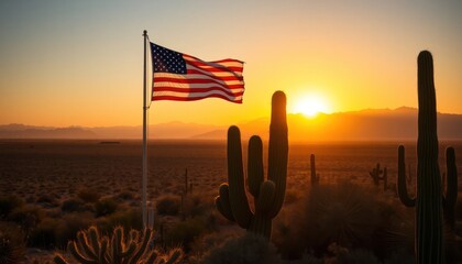 American flag waving in desert landscape during sunset in Arizona, USA