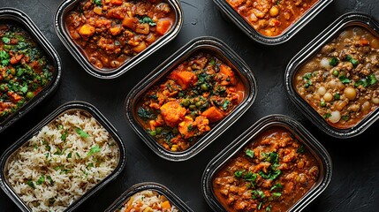 Assorted Indian takeout containers on dark surface