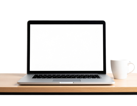 Workspace desk with laptop and coffee isolated on transparent background PNG  - Powered by Adobe