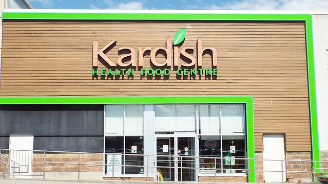 Nepean, ON, Canada-June 19,2025: The storefront of a "Kardish Health Food Centre" at 1701 Merivale Road.
