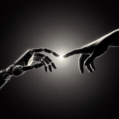 A black and white silhouette of a cyborg's hand and a human reaching out to each other like a creature reaching for its creator. Vector graphics. EPS.