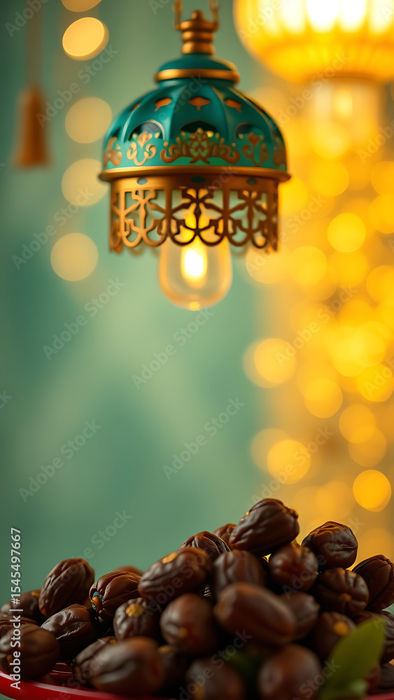 Poster teal and gold eid lantern with dates blank mockup vertical