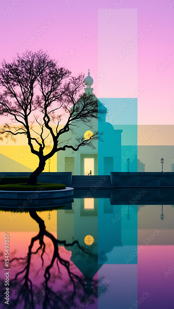 Poster surreal color block illustration of architecture with tree and water reflection vertical