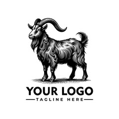A majestic black goat, intricately detailed, stands proudly, perfect for a logo design.