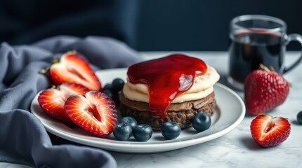 Delicious Chocolate Pancakes with Strawberry Glaze and Berries