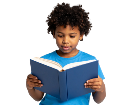 Young boy reading book flat style isolated on transparent background PNG - Powered by Adobe