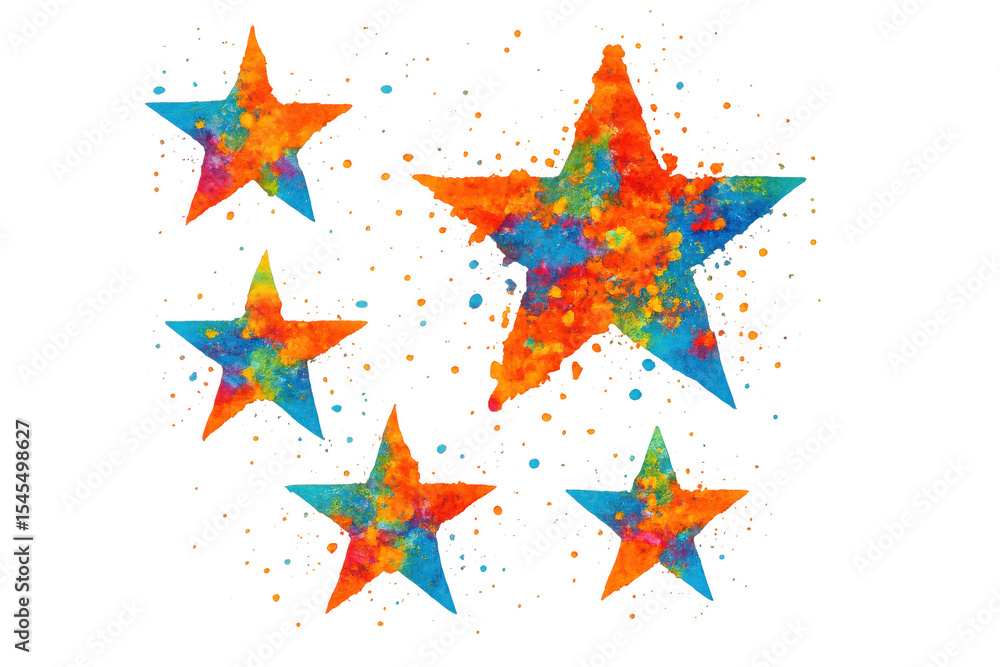 Poster five-pointed stars created with colorful exploding powder on transparent background, ideal for festi