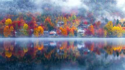 Fototapeta premium Autumnal lake scene with colorful trees reflected in the still water. Misty mountains in the background