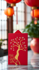 Red Envelope with Gold Cherry Blossom Tree Design vertical