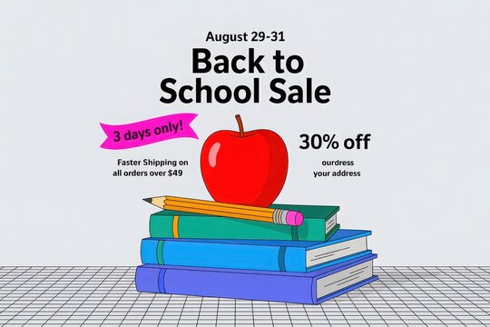 Back to School Sale flyer with books and apple illustration.