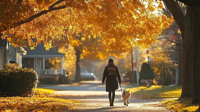 Autumnal stroll through a neighborhood. Golden leaves line the street - Powered by Adobe