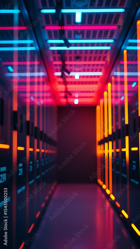 Poster abstract glowing data center corridor with colorful lines vertical