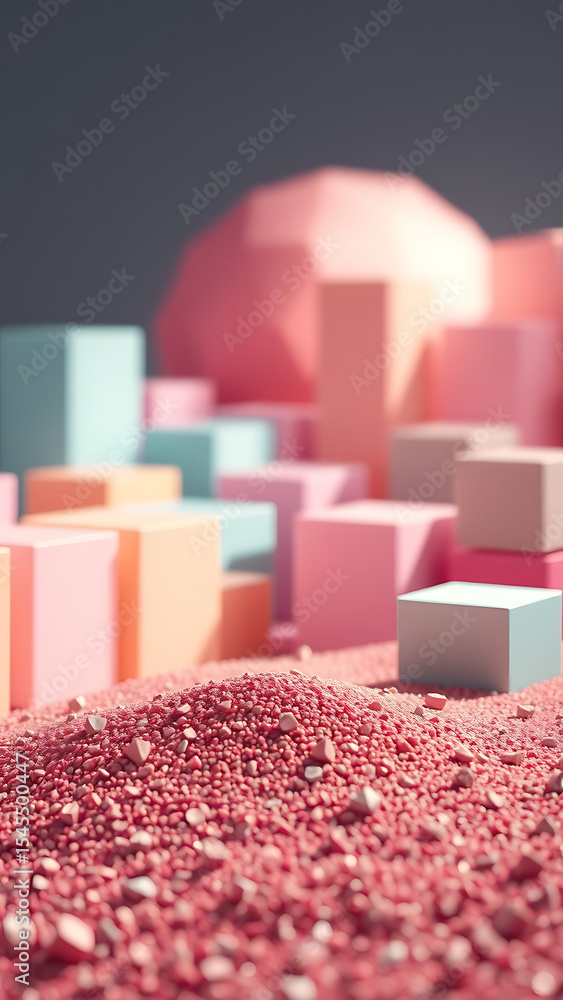Poster abstract 3d rendering of pastel colored cubes and granular texture vertical