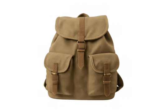 Studio shot of a khaki canvas backpack with brown leather straps and buckles, isolated on a transparent background