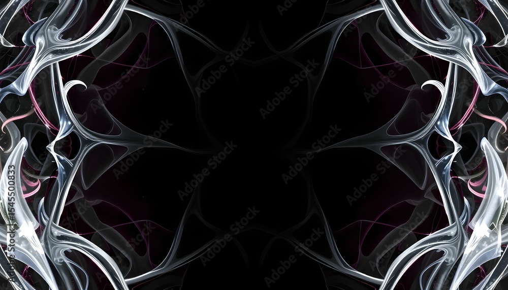 Poster abstract symmetrical design featuring flowing, ethereal, and intricate patterns against a dark backg