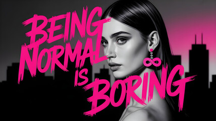 A high-contrast black-and-white fashion portrait with electric pink graffiti overlay reads the quote “Being normal is boring,” with a small infinity symbol worked into the model’s earring.
