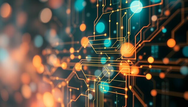 Abstract digital network, glowing circuits and nodes, interconnected data streams, technological background. - Powered by Adobe