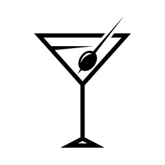 A minimalist black and white illustration of a classic martini cocktail with an olive garnish.