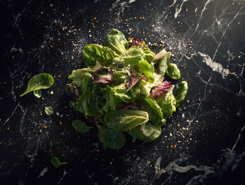 Classic Greek Salad Overhead on Dark Stone Countertop