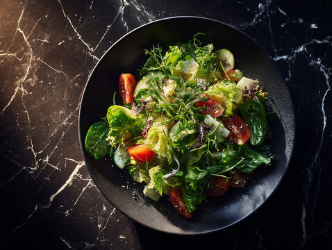 Fresh Mediterranean Greek Salad Flat Lay on Dark Marble
