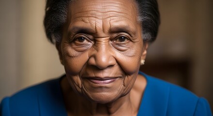 Close up portrait of an elderly african american woman with a blue shirt smiling slightly at the camera
