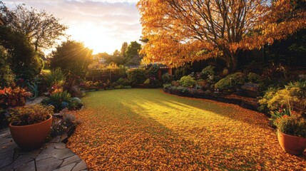 Autumn garden with fallen leaves covering the lawn and warm-toned plants around