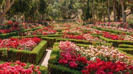 Obraz premium Blooming rose garden with rows of red and pink roses and trimmed green hedges