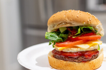 Classic Beef Hamburger with Lettuce, Tomato, Cheese & Egg. Juicy Hamburger Fillet with Melted Cheese, Egg & Fresh Veggies
