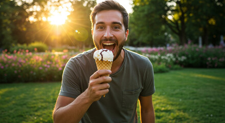 Fototapeta premium Man biting into a dripping ice cream cone with a playful smile