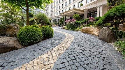 Obraz premium Decorative garden path shaped with interlocking stones in front of an elegant hotel