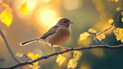 Obraz premium A small bird is perched on a slender branch with leaves