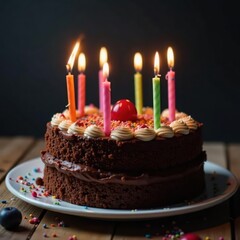 Chocolate fudge birthday cake with lit candles, fudge, cake
