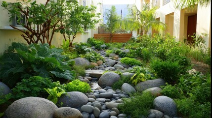 Front hotel garden filled with fragrant herbs and decorative stones for a natural appeal