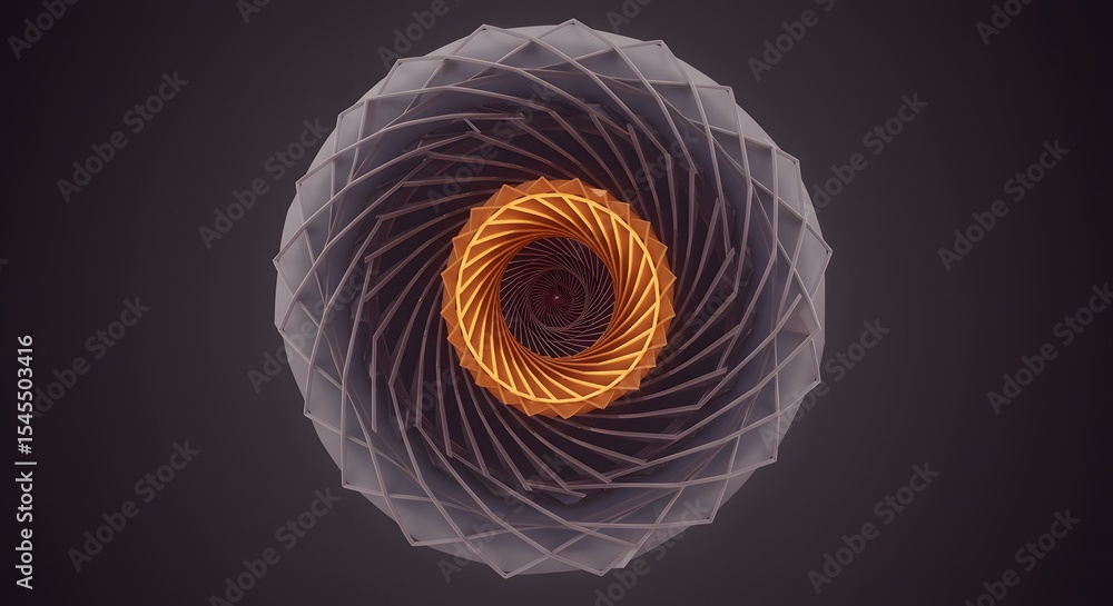 Poster complex geometric shape with swirling patterns and an illuminating core: a mesmerizing 3d rendering,