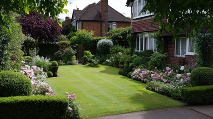 Neatly landscaped garden in front of a house with trimmed lawn and flower borders