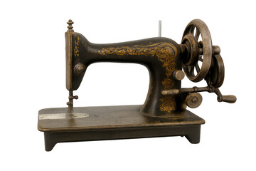Vintage sewing machine with golden decorations, isolated on transparent background, representing history of fashion and tailoring