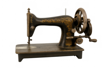 Vintage sewing machine with golden decorations, isolated on transparent background, representing history of fashion and tailoring