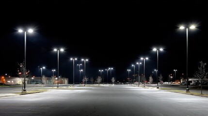Nighttime view of an empty parking lot illuminated by evenly spaced LED light poles