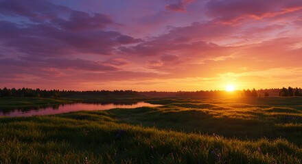 Obraz premium Sunset Over Green Wetland Landscape Nature Scenery with River and Sky Dramatic Emotional Peaceful Environment Beautiful