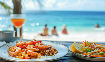 Delicious seafood meal on a table facing a tropical beach, with shrimp and vegetables on elegant plates.
