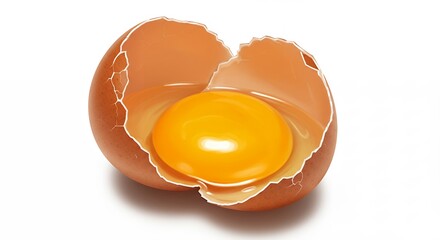 Cracked egg with yellow yolk on white background