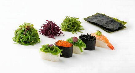 Assorted sushi and seaweed salad on a white background with various toppings and fresh ingredients