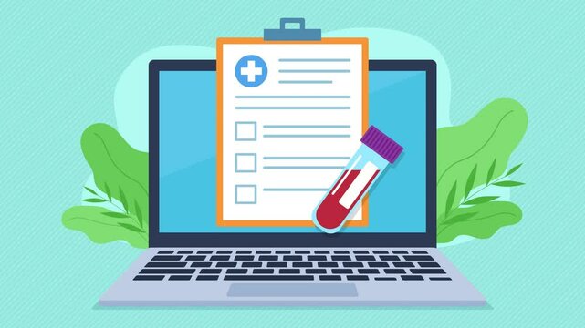 A medical document and a vial with a blood sample for testing appear on the laptop screen. All the checklists with the test results are marked one by one. All the results are correct. Green checkers.