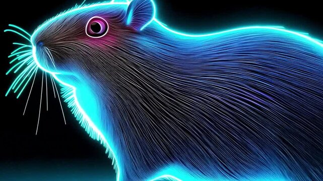 Neon gerbil in glowing colors walking on black background. Creative animation for animal related visuals
