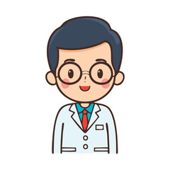 Cute cartoon doctor character with glasses and a friendly smile. He is wearing a white lab coat and a red tie. This image is perfect for children's books, educational materials.