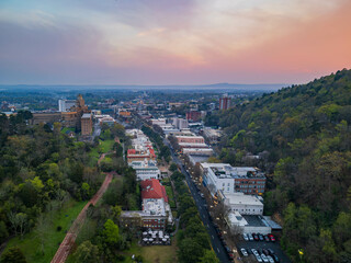 Sunset aerial view of the downtown Hot Springs