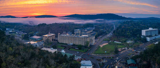 Sunset aerial view of the downtown Hot Springs