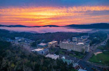 Sunset aerial view of the downtown Hot Springs