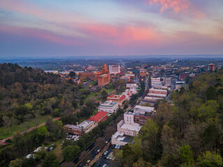 Sunset aerial view of the downtown Hot Springs